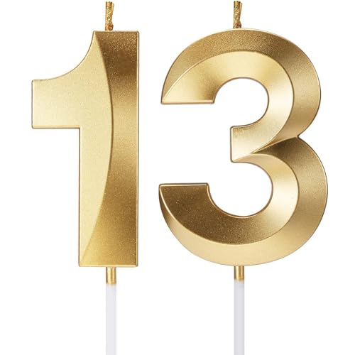 Geburtstagskerzen, Zahlenkerzen, Alter und Jahr, für Kuchen, Happy Birthday, 3D-Design, Hochzeitstag, Party, Tortenaufsatz, Dekorationen (Gold, 13) von TOYVENTURES