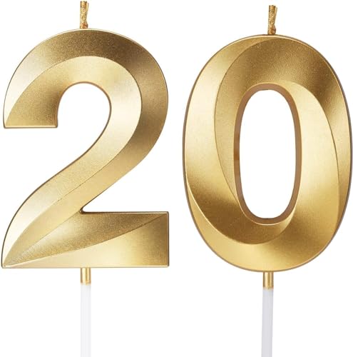 Geburtstagskerzen, Zahlenkerzen, Alter und Jahr, für Kuchen, Happy Birthday, 3D-Design, Hochzeitstag, Party, Tortenaufsatz, Dekorationen (Gold, 20) von TOYVENTURES