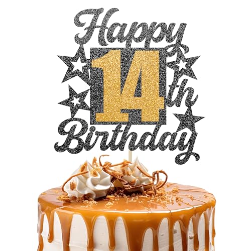Happy 14th Birthday Cake Topper - Cheers to 14 Years Black Gold Glitter - 14 & Fabulous Cake Decoration - Kids Birthday Cake Topper for Girls or Boys - Party Supplies von TOYVENTURES