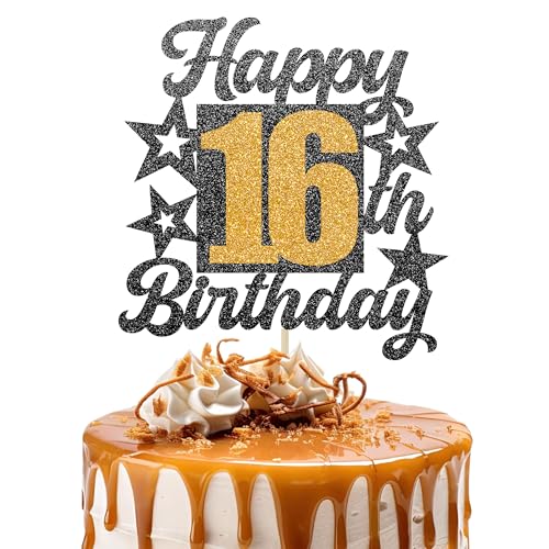 Happy 16th Birthday Cake Topper - Cheers to 16 Years Black Gold Glitter - 16 & Fabulous Cake Decoration - Kids Birthday Cake Topper for Girls or Boys - Party Supplies von TOYVENTURES