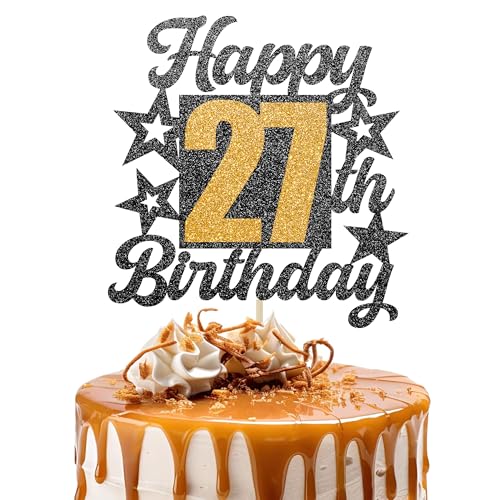 Happy 27th Birthday Cake Topper - Cheers to 27 Years Black Gold Glitter - 27 & Fabulous Cake Decoration - Kids Birthday Cake Topper for Girls or Boys - Party Supplies von TOYVENTURES