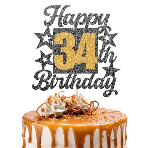 Happy 34th Birthday Cake Topper - Cheers to 34 Years Black Gold Glitter - 34 & Fabulous Cake Decoration - Kids Birthday Cake Topper for Girls or Boys - Party Supplies Happy 34th Birthday Cake Topper - Cheers to 34 Years Black Gold Glitter - 34 & Fabulous Cake Decoration - Kids Birthday Cake Topper for Girls or Boys - Party Supplies von TOYVENTURES