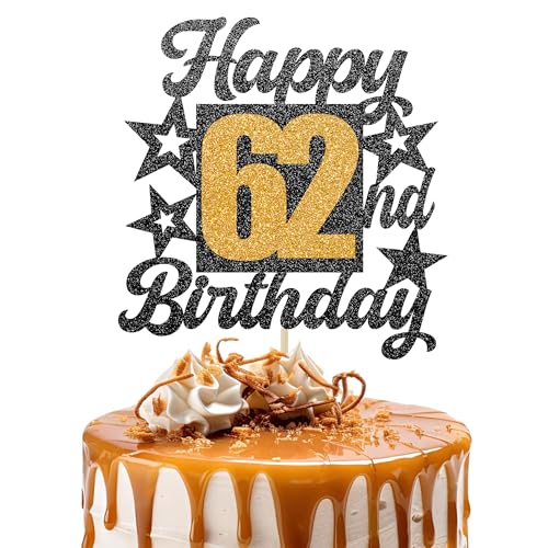 Happy 62nd Birthday Cake Topper - Cheers to 62 Years Black Gold Glitter - 62 & Fabulous Cake Decoration - Kids Birthday Cake Topper for Girls or Boys - Party Supplies von TOYVENTURES