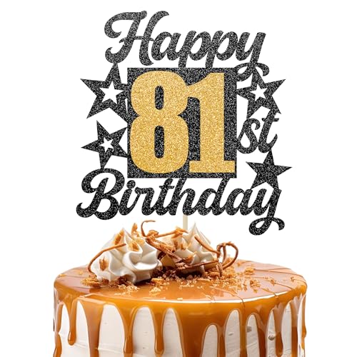 Happy 81st Birthday Cake Topper - Cheers to 81 Years Black Gold Glitter - 81 & Fabulous Cake Decoration - Kids Birthday Cake Topper for Girls or Boys - Party Supplies von TOYVENTURES