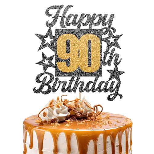 Happy 90th Birthday Cake Topper - Cheers to 90 Years Black Gold Glitter - 90 & Fabulous Cake Decoration - Kids Birthday Cake Topper for Girls or Boys - Party Supplies Happy 90th Birthday Cake Topper - Cheers to 90 Years Black Gold Glitter - 90 & Fabulous Cake Decoration - Kids Birthday Cake Topper for Girls or Boys - Party Supplies von TOYVENTURES