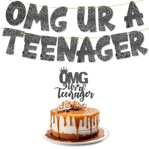 Teenager Glitzer Schwarz OMG UR A TEENAGER Banner mit Tortenaufsatz | Happy Birthday Party Dekorationen | Schwarzer Tortenaufsatz & Geburtstagsbanner für Teenager | Partyzubehör für Mädchen & Jungen Teenager Glitzer Schwarz OMG UR A TEENAGER Banner mit Tortenaufsatz | Happy Birthday Party Dekorationen | Schwarzer Tortenaufsatz & Geburtstagsbanner für Teenager | Partyzubehör für Mädchen & Jungen von TOYVENTURES