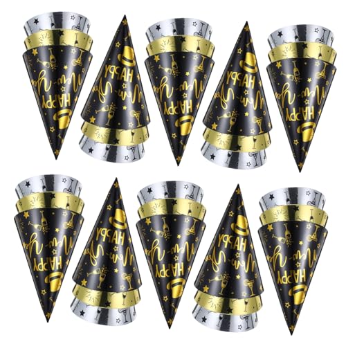 TOYZFRIENDY 30 Stück Teiliges Happy Year Partyhüte Silvester Kegelhüte in Schwarz Gold Silber Leichte Neujahrsdeko für Erwachsene Auffällige Festtagsmützen für Familienfeier und Fotorequisiten von TOYZFRIENDY