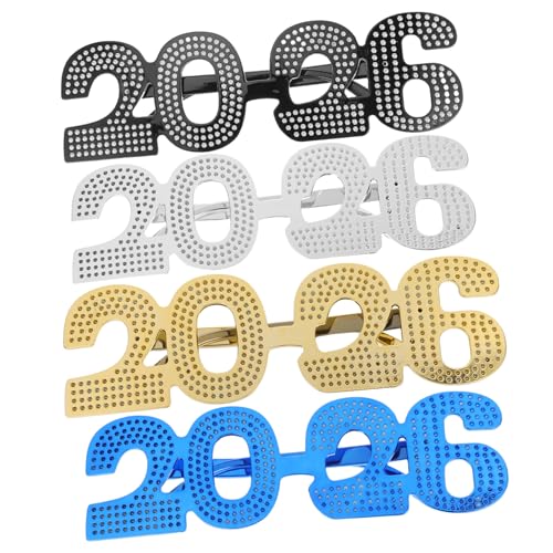 TOYZFRIENDY 4 Stück Teiliges Neujahrsbrillen mit Glitzerzahlen Leichte Kunststoffrahmen Lustige Partybrille für Silvester Familienfeiern Foto Requisiten Bequeme Passform für Erwachsene von TOYZFRIENDY