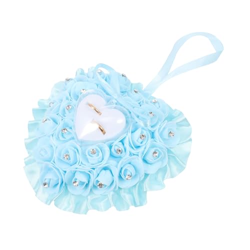 TOYZFRIENDY Herzförmiges Ringkissen mit Rosenblüte und Strass Hochzeit Ringbox Schmuckschatulle Romantisch für Verlobung Trauung und Jubiläum Elegant Blau von TOYZFRIENDY