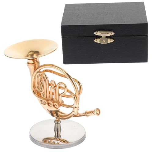 TOYZFRIENDY Kupfer Vergoldetes Mini Horn Modell Feine Miniatur Hausdekoration mit Ständer und Schwarzer Box Realistisches Instrument Ornament für Büro und Wohnzimmer von TOYZFRIENDY
