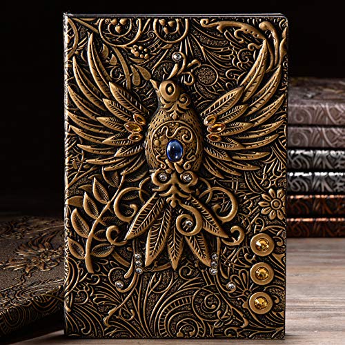 Geprägtes Leder Notizbuch Phoenix Journal - Vintage European Style mit Strasssteinen, Retro PU Tagebuch zum Schreiben, Handgefertigtes Leder Notizblock Skizzenbuch, Tolles Geschenk (Grün Bronze) von TPFOON