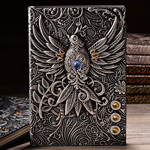 Geprägtes Leder Notizbuch Phoenix Journal - Vintage European Style mit Strasssteinen, Retro PU Tagebuch zum Schreiben, Handgefertigtes Leder Notizblock Skizzenbuch, Tolles Geschenk (Silber) von TPFOON