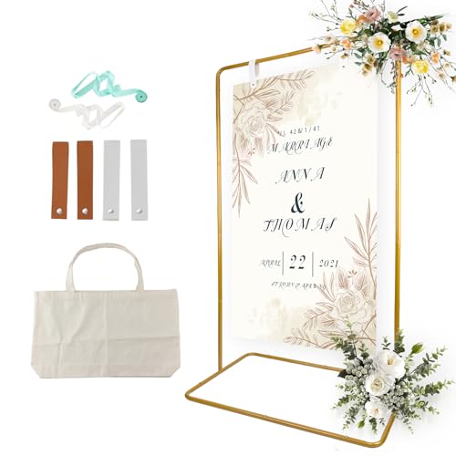TPFWTD Hochzeitsschild-Halter, verstellbarer Willkommensschilder-Ständer mit Lederband, Satinband und Handgepäcktasche, robuster Staffelei-Ständer für Hochzeitssitztafel, Display und Poster (Gold) von TPFWTD