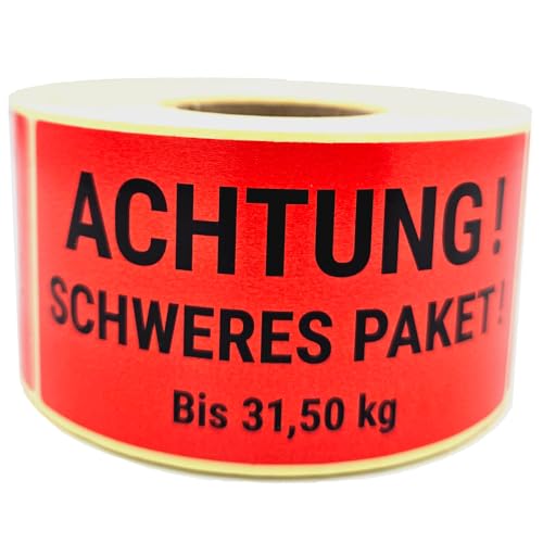 TPS247 Warnetiketten Versandaufkleber (Achtung schweres Paket bis 31,50 kg) auf Rolle, Etikettgröße 100x50mm, Menge 500 Stück/Rolle, selbstklebend, permanent haftend, Premium (100x50mm, 1, stück) von TPS247