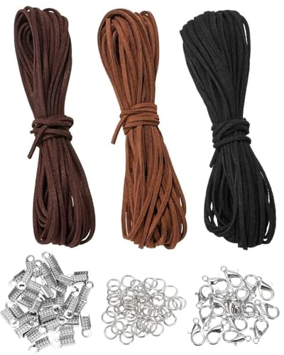 TPZORJX 3 pcs 10M x 3mm Lederschnur Lederband,100 pcs Geräte,Faux Wildleder Schnur,Lederband Leder Schnur Faux Faden,Klassik Basteln Lederschnüre für DIY Armband Halskette Schmuck Handwerk (3 Farben) von TPZORJX