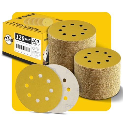 100 Stück 125mm 8 Loch Schleifscheiben 120 Körnung - Premium Gold Rund Klett Schleifpapier für Exzenterschleifer - Ideal für Holz, Metall, Automobil 100 Stück 125mm 8 Loch Schleifscheiben 120 Körnung - Premium Gold Rund Klett Schleifpapier für Exzenterschleifer - Ideal für Holz, Metall, Automobil von TPmax