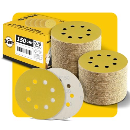100 Stück 125mm 8 Loch Schleifscheiben 150 Körnung - Premium Gold Rund Klett Schleifpapier für Exzenterschleifer - Ideal für Holz, Metall, Automobil 100 Stück 125mm 8 Loch Schleifscheiben 150 Körnung - Premium Gold Rund Klett Schleifpapier für Exzenterschleifer - Ideal für Holz, Metall, Automobil von TPmax