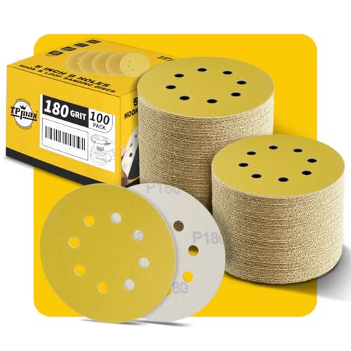 100 Stück 125mm 8 Loch Schleifscheiben 180 Körnung - Premium Gold Rund Klett Schleifpapier für Exzenterschleifer - Ideal für Holz, Metall, Automobil 100 Stück 125mm 8 Loch Schleifscheiben 180 Körnung - Premium Gold Rund Klett Schleifpapier für Exzenterschleifer - Ideal für Holz, Metall, Automobil von TPmax