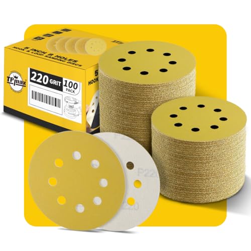 100 Stück 125mm 8 Loch Schleifscheiben 220 Körnung - Premium Gold Rund Klett Schleifpapier für Exzenterschleifer - Ideal für Holz, Metall, Automobil 100 Stück 125mm 8 Loch Schleifscheiben 220 Körnung - Premium Gold Rund Klett Schleifpapier für Exzenterschleifer - Ideal für Holz, Metall, Automobil von TPmax