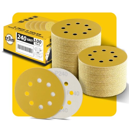 100 Stück 125mm 8 Loch Schleifscheiben 240 Körnung - Premium Gold Rund Klett Schleifpapier für Exzenterschleifer - Ideal für Holz, Metall, Automobil 100 Stück 125mm 8 Loch Schleifscheiben 240 Körnung - Premium Gold Rund Klett Schleifpapier für Exzenterschleifer - Ideal für Holz, Metall, Automobil von TPmax
