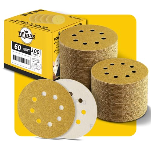 100 Stück 125mm 8 Loch Schleifscheiben 60 Körnung - Premium Gold Rund Klett Schleifpapier für Exzenterschleifer - Ideal für Holz, Metall, Automobil 100 Stück 125mm 8 Loch Schleifscheiben 60 Körnung - Premium Gold Rund Klett Schleifpapier für Exzenterschleifer - Ideal für Holz, Metall, Automobil von TPmax