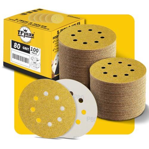 100 Stück 125mm 8 Loch Schleifscheiben 80 Körnung - Premium Gold Rund Klett Schleifpapier für Exzenterschleifer - Ideal für Holz, Metall, Automobil 100 Stück 125mm 8 Loch Schleifscheiben 80 Körnung - Premium Gold Rund Klett Schleifpapier für Exzenterschleifer - Ideal für Holz, Metall, Automobil von TPmax
