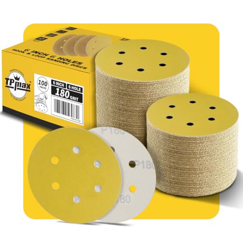 100 Stück 150mm 6 Loch Schleifscheiben 180 Körnung - Premium Gold Rund Klett Schleifpapier für Exzenterschleifer - Ideal für Holz, Metall, Automobil 100 Stück 150mm 6 Loch Schleifscheiben 180 Körnung - Premium Gold Rund Klett Schleifpapier für Exzenterschleifer - Ideal für Holz, Metall, Automobil von TPmax