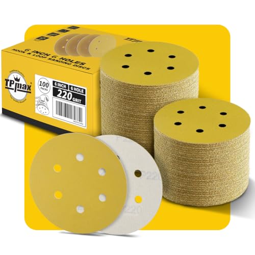 100 Stück 150mm 6 Loch Schleifscheiben 220 Körnung - Premium Gold Rund Klett Schleifpapier für Exzenterschleifer - Ideal für Holz, Metall, Automobil 100 Stück 150mm 6 Loch Schleifscheiben 220 Körnung - Premium Gold Rund Klett Schleifpapier für Exzenterschleifer - Ideal für Holz, Metall, Automobil von TPmax