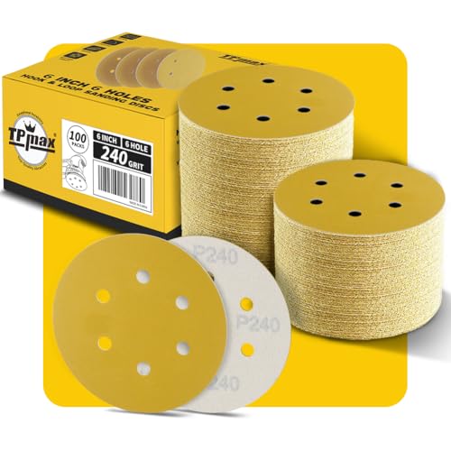 100 Stück 150mm 6 Loch Schleifscheiben 240 Körnung - Premium Gold Rund Klett Schleifpapier für Exzenterschleifer - Ideal für Holz, Metall, Automobil 100 Stück 150mm 6 Loch Schleifscheiben 240 Körnung - Premium Gold Rund Klett Schleifpapier für Exzenterschleifer - Ideal für Holz, Metall, Automobil von TPmax