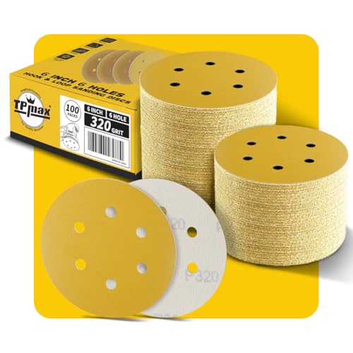100 Stück 150mm 6 Loch Schleifscheiben 320 Körnung - Premium Gold Rund Klett Schleifpapier für Exzenterschleifer - Ideal für Holz, Metall, Automobil 100 Stück 150mm 6 Loch Schleifscheiben 320 Körnung - Premium Gold Rund Klett Schleifpapier für Exzenterschleifer - Ideal für Holz, Metall, Automobil von TPmax