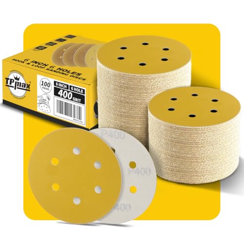 100 Stück 150mm 6 Loch Schleifscheiben 400 Körnung - Premium Gold Rund Klett Schleifpapier für Exzenterschleifer - Ideal für Holz, Metall, Automobil 100 Stück 150mm 6 Loch Schleifscheiben 400 Körnung - Premium Gold Rund Klett Schleifpapier für Exzenterschleifer - Ideal für Holz, Metall, Automobil von TPmax