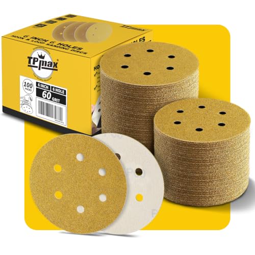 100 Stück 150mm 6 Loch Schleifscheiben 60 Körnung - Premium Gold Rund Klett Schleifpapier für Exzenterschleifer - Ideal für Holz, Metall, Automobil 100 Stück 150mm 6 Loch Schleifscheiben 60 Körnung - Premium Gold Rund Klett Schleifpapier für Exzenterschleifer - Ideal für Holz, Metall, Automobil von TPmax