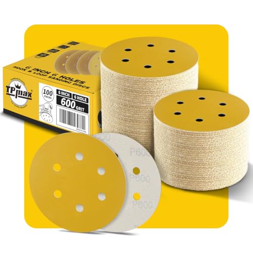 100 Stück 150mm 6 Loch Schleifscheiben 600 Körnung - Premium Gold Rund Klett Schleifpapier für Exzenterschleifer - Ideal für Holz, Metall, Automobil 100 Stück 150mm 6 Loch Schleifscheiben 600 Körnung - Premium Gold Rund Klett Schleifpapier für Exzenterschleifer - Ideal für Holz, Metall, Automobil von TPmax