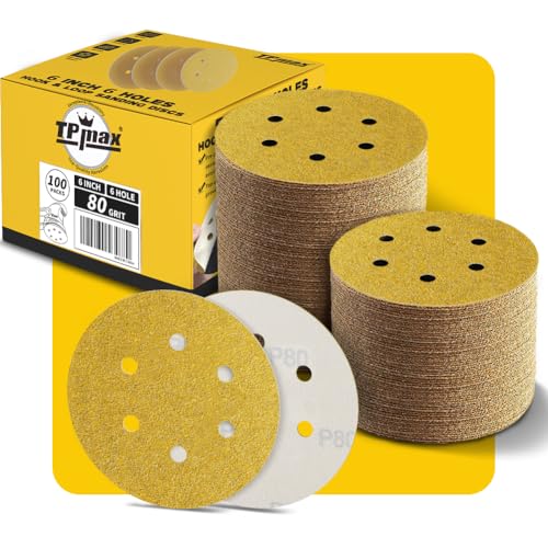 100 Stück 150mm 6 Loch Schleifscheiben 80 Körnung - Premium Gold Rund Klett Schleifpapier für Exzenterschleifer - Ideal für Holz, Metall, Automobil 100 Stück 150mm 6 Loch Schleifscheiben 80 Körnung - Premium Gold Rund Klett Schleifpapier für Exzenterschleifer - Ideal für Holz, Metall, Automobil von TPmax