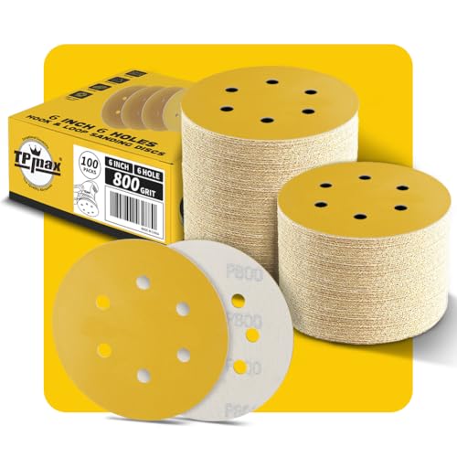 100 Stück 150mm 6 Loch Schleifscheiben 800 Körnung - Premium Gold Rund Klett Schleifpapier für Exzenterschleifer - Ideal für Holz, Metall, Automobil 100 Stück 150mm 6 Loch Schleifscheiben 800 Körnung - Premium Gold Rund Klett Schleifpapier für Exzenterschleifer - Ideal für Holz, Metall, Automobil von TPmax