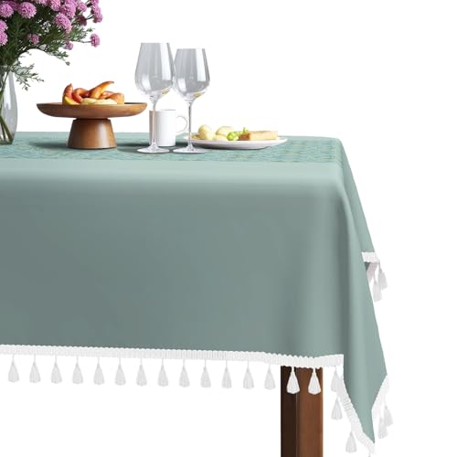 Tischdecke, rechteckig, wasserdicht, Kunstleinen, rechteckig, mit Quasten, knitterfrei, mit integriertem Läufer, für Küche, Esszimmer, Party, Picknick, 132 x 178 cm von TQUQOBU