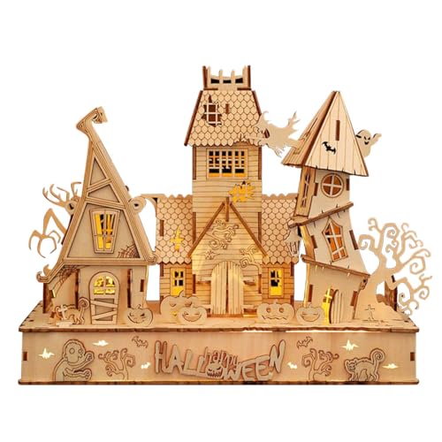 TQVLNMCR 3D Holzpuzzle Halloween Haus Bausätze, Halloween Hexenhaus, DIY Kreative handgefertigte Holzbausätze, Halloween Weihnachtsdeko Modell(3 in 1 Halloween House) von TQVLNMCR