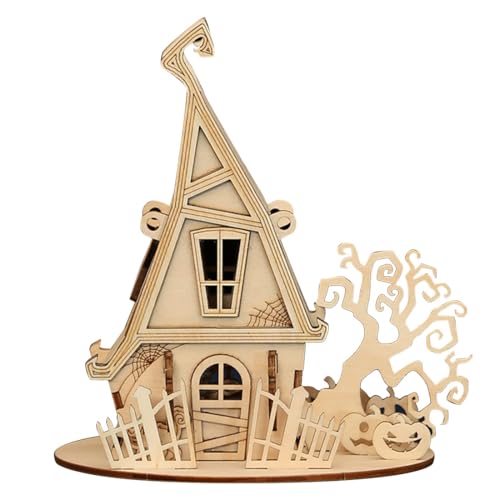 TQVLNMCR 3D Holzpuzzle Halloween Haus Bausätze, Halloween Hexenhaus, DIY Kreative handgefertigte Holzbausätze, Halloween Weihnachtsdeko Modell(Halloween Witch House) von TQVLNMCR