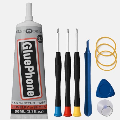 Glue Phone - Spezialkleber für Reparaturen & Präzisionsarbeiten – Ideal für Handy, Smartphone, Tablet, Schmuck, Bücher, Leder & Schuhe (50ml Trans, 1 Tube + Schraubendreher-Set) von TRADMOBILE