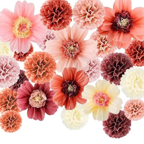 24PCS Papier Blumen Deko Pink, Deko Hochzeit Papierblumen Zum Aufhängen, Rosa Deko Geburtstag Papier Pompons, Seidenpapier Blumen Deko Gartenparty für Babyparty Deko Abschlussball Geburtstag Deko von TREABEAR