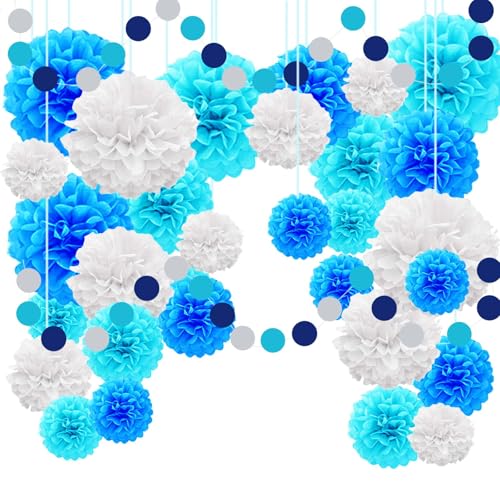 30PCS Papierblumen Pompoms Partydeko TREABEAR, Deko Karneval Seidenpapier Pompons, Geburtstagskranz Pompoms Seidenpapier Blau, Pompons Deko und Luftschlangen Blau Deko für Kommunion Geburtstag von TREABEAR