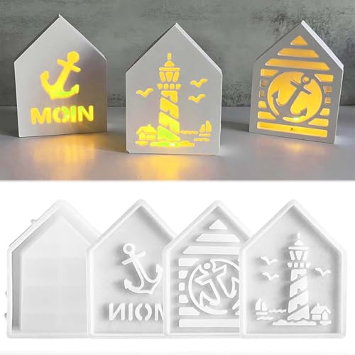 4PCS Silikonformen Gießformen Maritim Haus TREABEAR, Silikonform Haus Leuchtturm mit Anker, Leuchtturm Silikonform Häuser, Gipsformen Zum Gießen Lighthouse mit Seagull,Gießform Ostern von TREABEAR