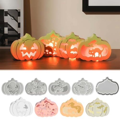 TREABEAE 5PCS Silikonformen Gießformen Kürbis, Halloween Silikonform Kürbis mit Totenkopf silikonform, Silikonform Herbst, Kürbis Halloween mit Fledermäusen Und Katzen Kerzenformen Zum Gießen von TREABEAR