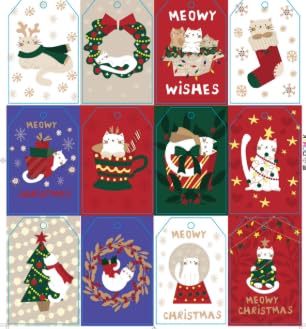 Weihnachts-Geschenkanhänger mit Hanfseil, Weihnachtskatze, 12 Designs, 60 Stück, dekorative Geschenketiketten für Geschenkpapier, Weihnachtsbaum, Neujahrsdekoration von TREEWOO