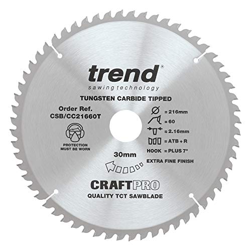 Trend CraftPro Positive Hook Crosscutting TCT Kreissägeblatt, 216mm Durchmesser x 60 Zähne x 30mm Bohrung, Hartmetallbestückt, CSB/CC21660T von TREND