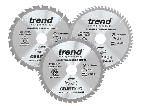 Trend CraftPro Dreierpack TCT Kreissägeblätter, 190mm x 24, 40 und 60 Zähne x 30mm Bohrung, Hartmetallbestückt. CSB/190/3PK, 3er-Pack von TREND