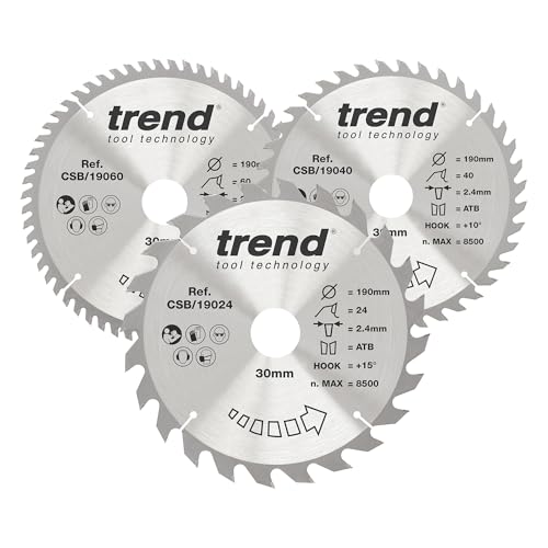 Trend Holz Kreissägeblatts, 3er-Pack, 190mm Durchmesser, 30mm Bohrung, 24, 40 & 60 Zähne, HW, 2,6mm Schnittbreite, +15° Haken, CSB/190/3PK Trend Holz Kreissägeblatts, 3er-Pack, 190mm Durchmesser, 30mm Bohrung, 24, 40 & 60 Zähne, HW, 2,6mm Schnittbreite, +15° Haken, CSB/190/3PK von TREND