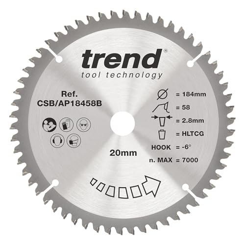 Trend Kreissägeblatt aus Aluminium und Kunststoff, 184 mm Durchmesser, 20 mm Bohrung, 58 Zähne, 2,8 mm Schnittfuge, -6° Haken, TCT, extrafeine Oberfläche, CSB/AP18458B Trend Kreissägeblatt aus Aluminium und Kunststoff, 184 mm Durchmesser, 20 mm Bohrung, 58 Zähne, 2,8 mm Schnittfuge, -6° Haken, TCT, extrafeine Oberfläche, CSB/AP18458B von TREND