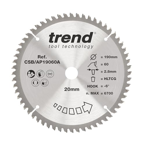 Trend Kreissägeblatt aus Aluminium und Kunststoff, 190 mm Durchmesser, 20 mm Bohrung, 60 Zähne, 2,8 mm Schnittfuge, -6° Haken, TCT, extrafeine Oberfläche, CSB/AP19060A Trend Kreissägeblatt aus Aluminium und Kunststoff, 190 mm Durchmesser, 20 mm Bohrung, 60 Zähne, 2,8 mm Schnittfuge, -6° Haken, TCT, extrafeine Oberfläche, CSB/AP19060A von TREND