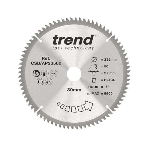 Trend Kreissägeblatt aus Aluminium und Kunststoff, 235 mm Durchmesser, 30 mm Bohrung, 80 Zähne, 2,8 mm Schnittfuge, -6° Haken, TCT, extrafeine Oberfläche, CSB/AP23580 Trend Kreissägeblatt aus Aluminium und Kunststoff, 235 mm Durchmesser, 30 mm Bohrung, 80 Zähne, 2,8 mm Schnittfuge, -6° Haken, TCT, extrafeine Oberfläche, CSB/AP23580 von TREND